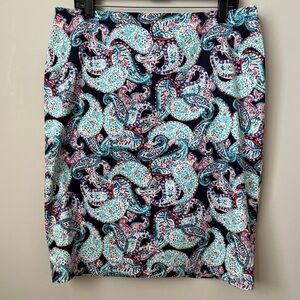 Talbots Paisley Cotton Blend Skirt Blue Knee Length Back Zip Stretch Sz 14